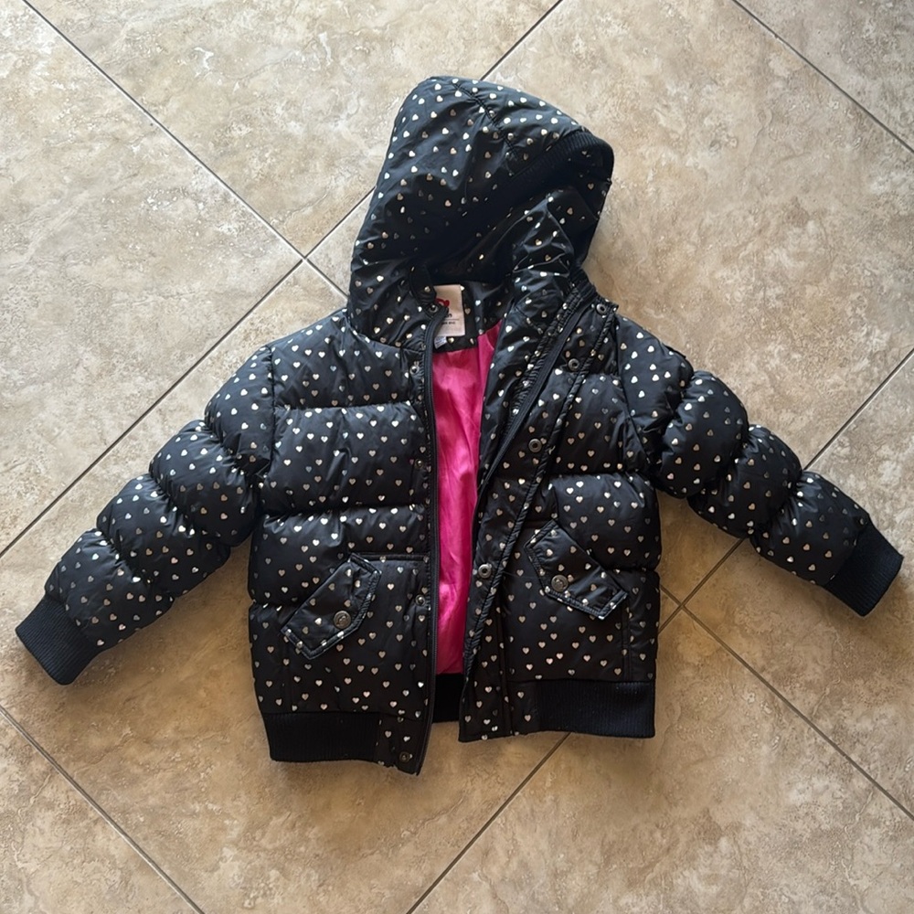 Appaman Puffer Jacket, Black w/ silver stars and pink lining, Size 4T